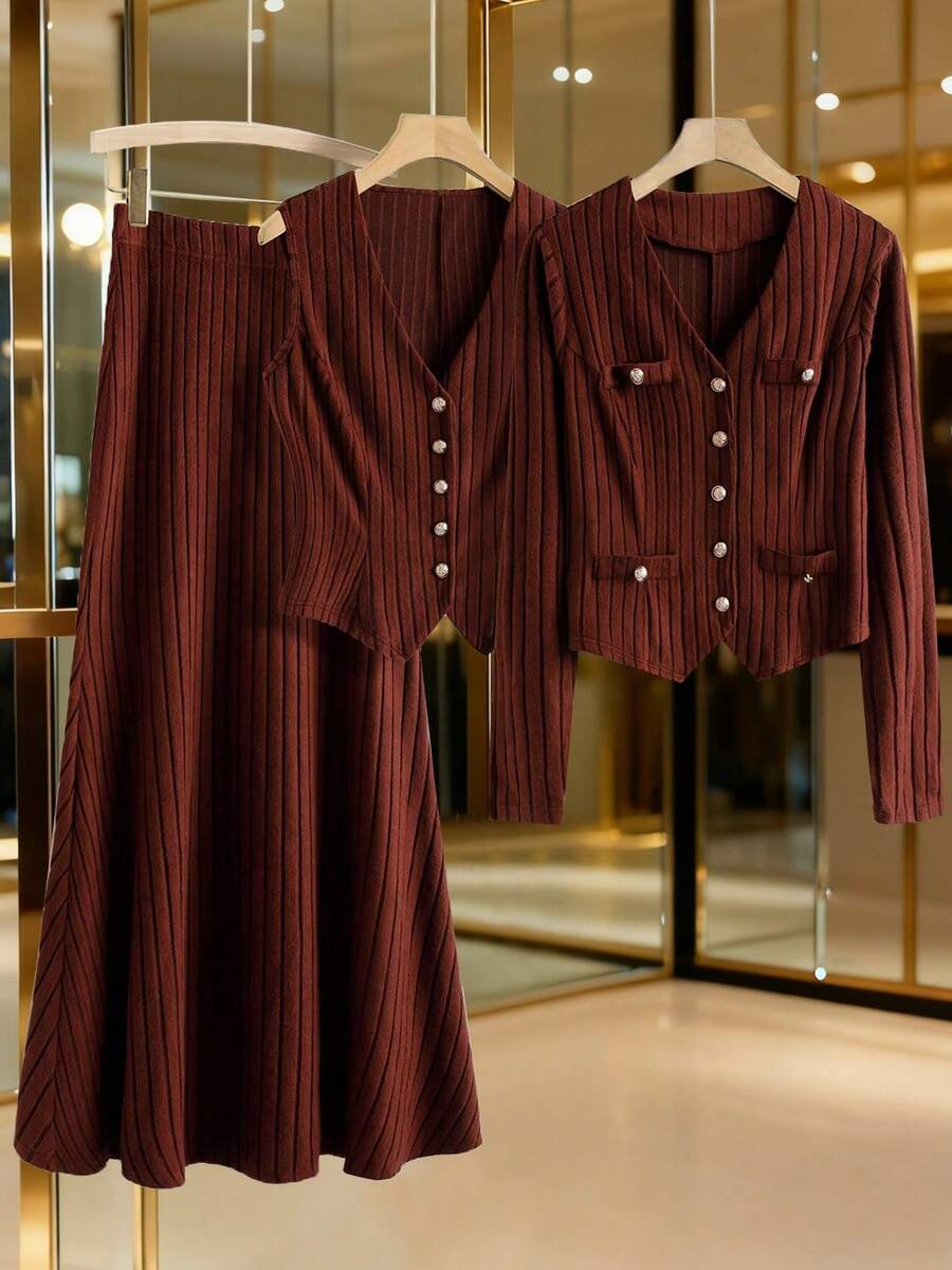 GlowEve CURVE Women's Plus Size Solid Color Vintage Ribbed Knit Gold Button Sleeveless Vest + Jacket + Skirt Elegant 3-Piece Set, Autumn/Winter - Brown - View 1