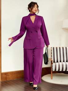 Vionelle Plus Size Women's New Suit Set, Elegant Commuter Suit 2 Pieces Set, Casual Business Outfit, Loose Lapel Long Sleeve Blazer And Straight Elastic Waist Pants 2 Pieces Suit Women Classy Women Suit Women Purple Suit Office Outfits For Women Set Pant Suit Set