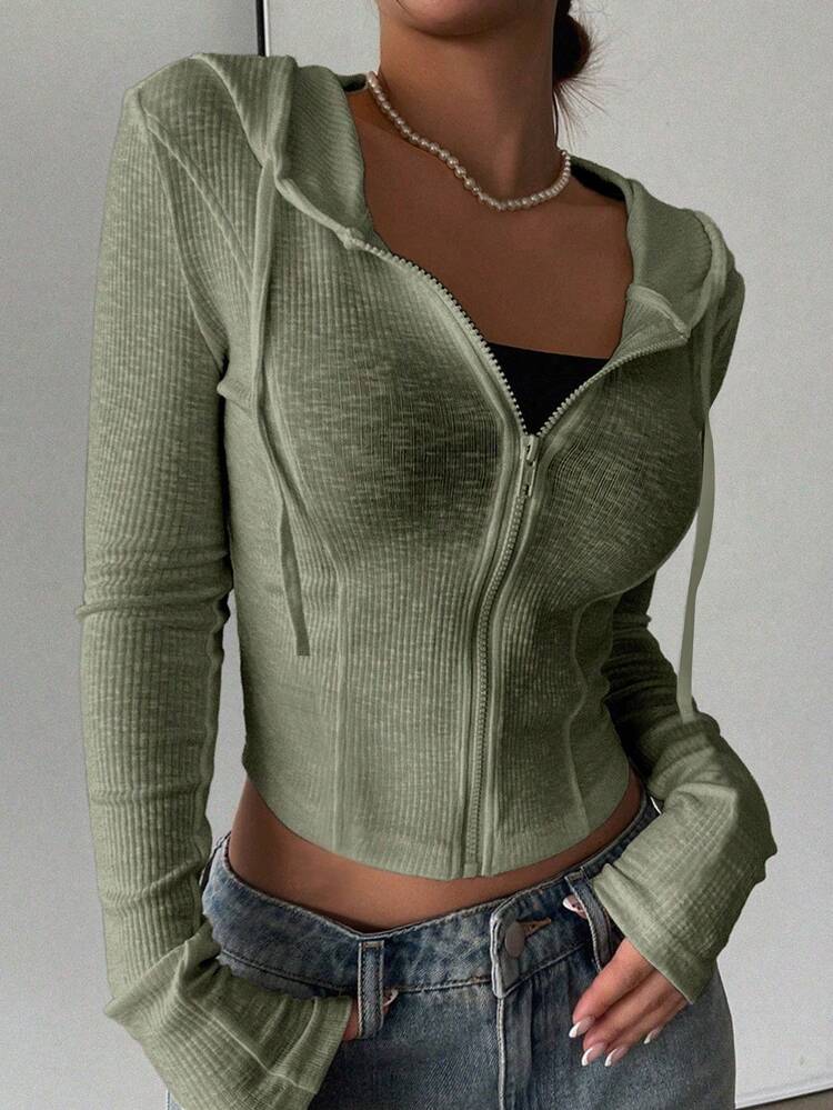 Women's Solid Color Long Sleeve Zip-Up Hooded Casual Jacket, Autumn Easter