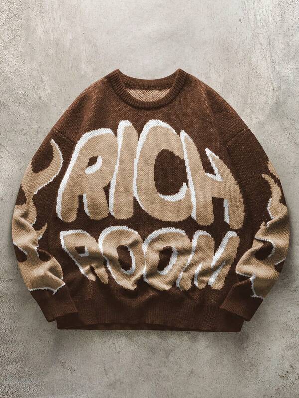 Manfinity EMRG Suéter de punto casual con estampado de letras para hombre, otoño/invierno