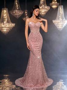 Glamrae Vestido Elegante e Luxuoso com Ombros à Mostra, Corrente de Pérolas Falsas, Costura em Espinha de Peixe, Sereia Sexy com Barra Rastejante, Adequado para Casamentos, Festas, Férias, Bailes, Ocasiões Formais (Resistente) - Rosa empoeirado - Visão 5