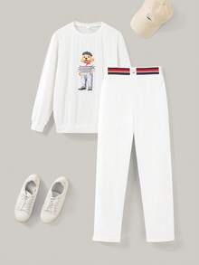 SHEIN 2pcs Tween Boys' Elegant Collegiate Casual Urban Dog Graphic White Rib Knit Long Sleeve Top & Pants Set,Suitable For School,Back-To-School,Autumn - White - View 6