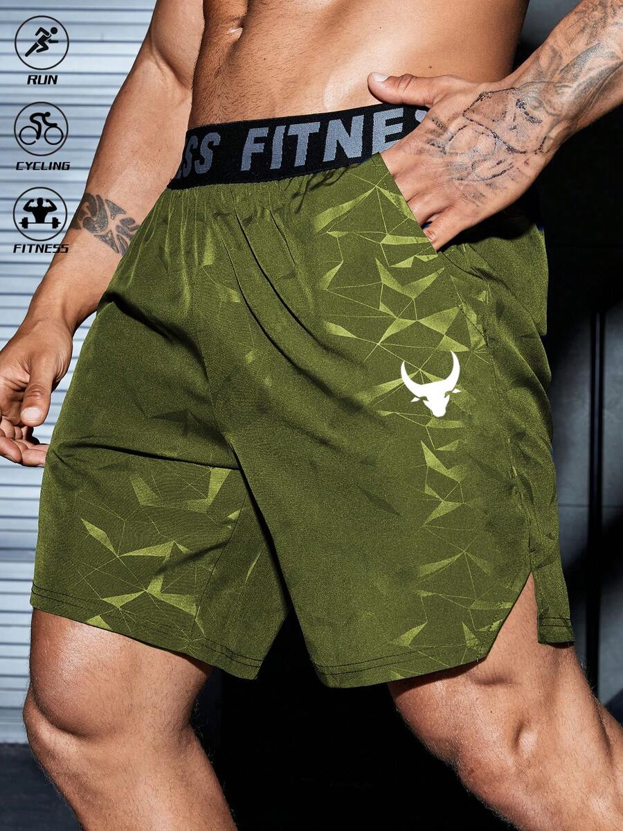 Manfinity Sport Corelite Men's Letter Ribbon Ox-Head Printed Casual Gym Workout Shorts, Lifting Shorts, Men's Gym Clothes