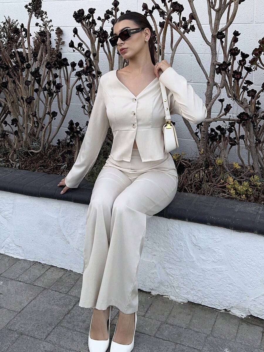 Andrea Bello Set elegant de sacou și pantaloni pentru femei, cu mânecă lungă, stil business/navetă, potrivit pentru vară, Ziua Independenței, absolvire, întoarcerea la școală - Caisă - Vizualizare 1