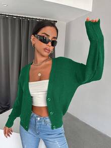 RueChic Drop Shoulder Button Front Cardigan - Olive Green - View 4