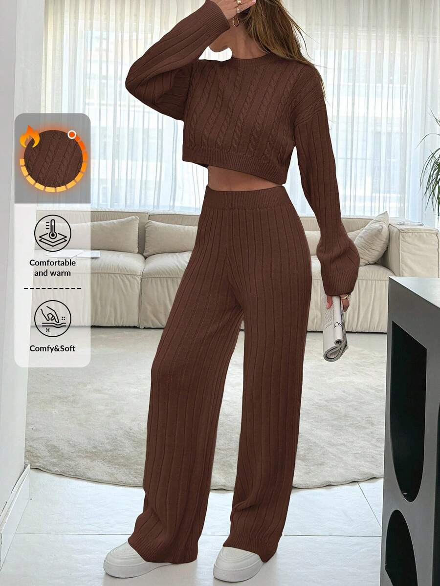 EURMUSE 2pcs Women Solid Color Stand Collar Long Sleeve Sweater Top And Long Pants Casual Knitwear Set - Brown - View 1