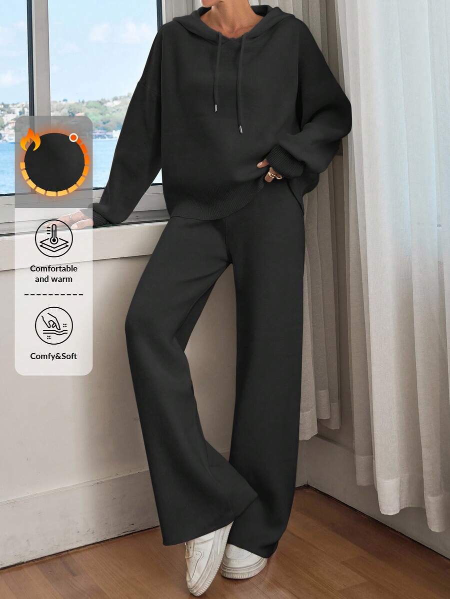 EURMUSE Women Solid Color Drop Shoulder Hooded Pullover & Sweater Pants Set - Black - View 1
