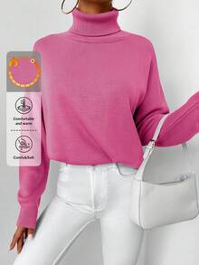 EURMUSE Women's Solid Color Simple High-neck Sweater - Baby Pink - View 1
