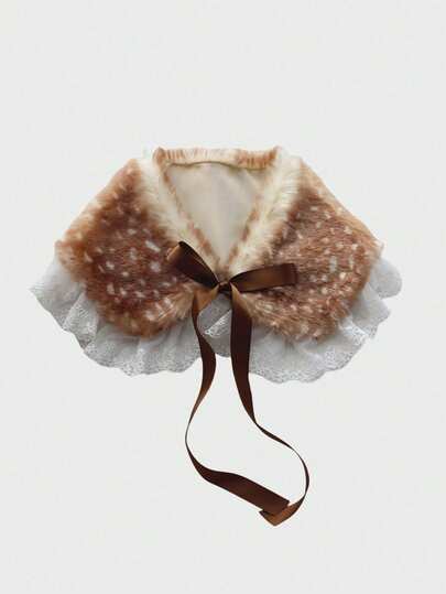 Fairycore 1 pezzo Adorabile scialle in peluche a forma di cervo, sciarpa dolce con volant in pizzo e fiocco, accessorio moda caldo per il collo in autunno/inverno