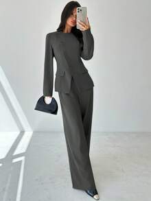 Firerie Women's Elegant Commuter Daily Versatile Street Fashion New Asymmetric Lapel Button Waist Long Sleeve Blazer And High Waist Long Pants Khaki Gray 2 Pieces Suit Set,Fall,Fall Clothes For Women - Dark Grey - View 5