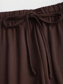 Sweetra Women's Coffee Brown Lace Trim V-Neck Criss-Cross Tie Waist Long Sleeve Straight Leg Pants Elegant 2 Pieces Set, Autumn/Winter - Coffee Brown - View 8