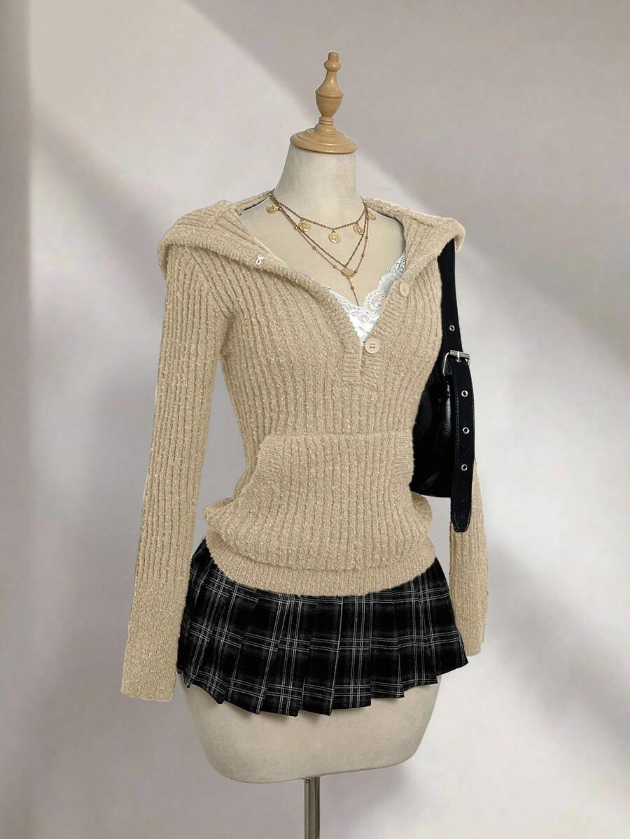 Elamini Áo len trùm đầu màu trơn đa năng thường ngày dành cho nữ - Màu Khaki - Xem 1