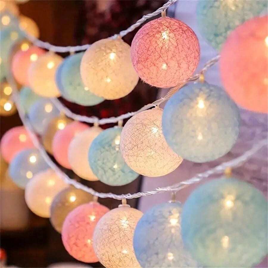 彩色棉珠串燈 1.5m/10LED,適用於居家、房間、節日、情人節、母親節、婚禮、攝影棚照明、背景裝飾,可調光,插電供電,裝飾用途,不含電池 - 彩色 - 查看 1