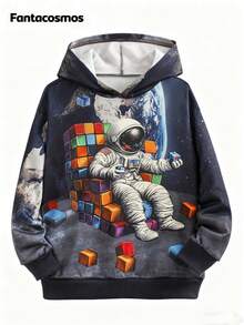 Fantacosmos Tween Boy Astronaut & Moon Print Casual Pullover Sweatshirt, Suitable For Spring & Autumn - Navy Blue - View 1