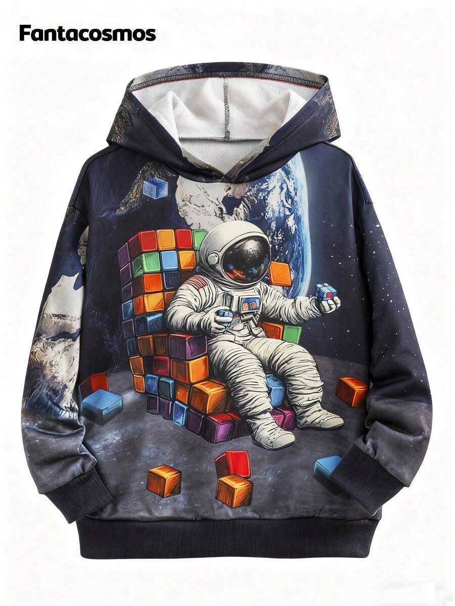 Fantacosmos Tween Boy Astronaut & Moon Print Casual Pullover Sweatshirt, Suitable For Spring & Autumn - Navy Blue - View 1
