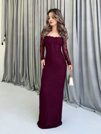 Jemour 女士秋冬新款派对/约会夜/晚会性感 S 形蕾丝长袖紧身胸衣式圆领修身长裙，黑色