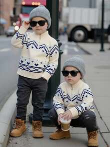 SHEIN 男女宝宝可爱条纹长袖立领针织毛衣，休闲百搭，适合秋冬季 - 彩色 - 查看 1