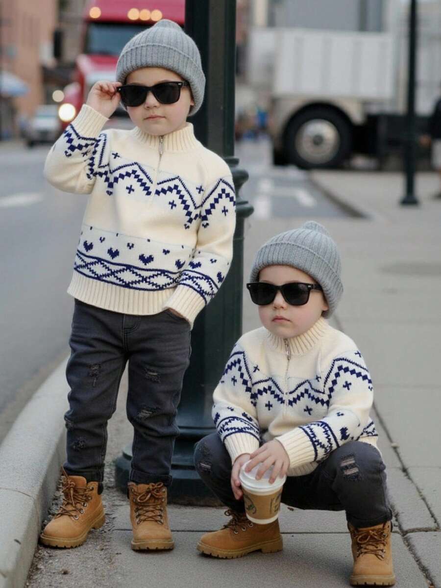 SHEIN 男女宝宝可爱条纹长袖立领针织毛衣，休闲百搭，适合秋冬季 - 彩色 - 查看 1