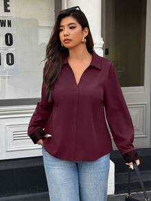 Easura Blusa de moda de manga larga con encaje de contraste para mujer de talla grande