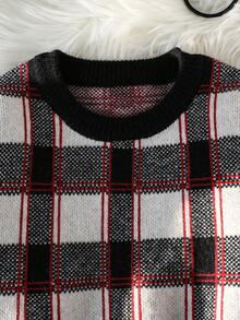 Tween Girls' Checkered Pullover Sweater & Knit Pants Set, Jacquard Weave, Cozy Casual Outfit For Halloween, Christmas, Back To School, Loose Fit, Minimalist, Cute Sweater & Pants Set - Red - View 3