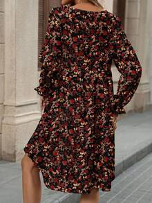 SHEIN LUNE 休闲优雅花卉图案圆领宽松女士中长连衣裙，适合春秋季 - 彩色 - 查看 9
