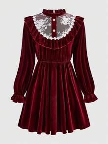 SHEIN Tween Girl Elegant Collared Colorblock Lace Ruffle Velvet Christmas Holiday Mid-Length Dress