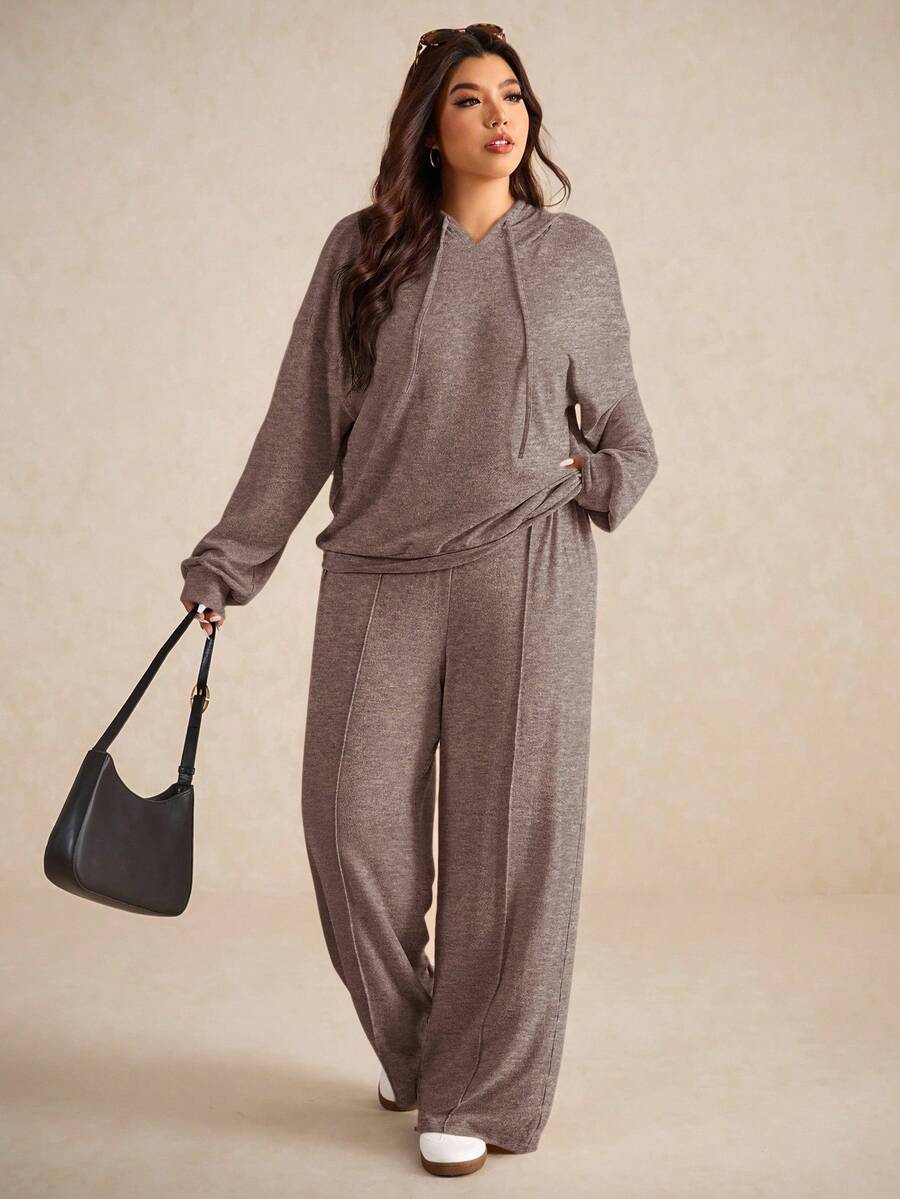 SHEIN Elaquor Bộ đồ 2 món thường ngày cho nữ cỡ lớn, áo hoodie dài tay trễ vai màu trơn có dây rút và quần ống rộng