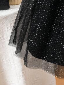 SHEIN Glamorique Kids 年轻女孩/年轻女孩的黑色翻领网眼连衣裙，深色风格适合万圣节、派对和日常穿着、场合穿着 - 黑色 - 查看 7