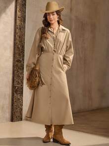 Wildy 休闲法式韩版街头时尚办公室通勤中长连衣裙，秋季新品，咖啡色 - 卡其色 - 查看 2