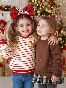 SHEIN Happikins Christmas Burgundy Striped, Cute Christmas Cartoon Reindeer Pattern, Baby Girl Casual Minimalist Thick Warm Soft Sweatshirt, Suitable For Autumn/Winter Daily Wear, New Year, Street Style, Holiday - Multicolor - View 7