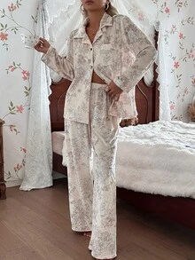 CottageSlumber Damen Samt Floral & Hase Muster Kragen Langarm Pyjama Set, Herbst/Winter, Herbstkleidung