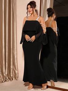 Cravure Plus Size Women's Off-Shoulder Cinched Waist French Luxury Elegant Party Vacation Romantic Dress - Black - View 5