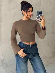 Firerie Áo len cổ tròn tay thẳng eo màu đỏ tía mới cho nữ, Áo len đan mới mùa xuân/thu/đông, Áo len ngắn, Áo len đi làm hàng ngày thanh lịch cho nữ, Kiểu dáng cơ bản đơn giản - Lạc đà - Xem 3