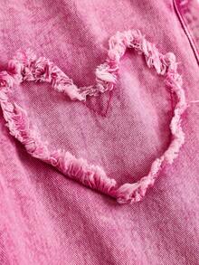 SHEIN Girlism Tween Girls Y2K Light Washed High Waist Heart Embroidered Pocketed Cute Wide Leg Jeans Casual Baggy Pink Jeans Denim Overalls Jumpsuit Without Top, Girls Fall Winter Back To School Homecoming Jeans,Girls Pants Streetwear Vintage Outfits,Comfortable And Versatile, For 8-12 Years Old Girls, Suitable For School, Home And Travel,EMBROIDERY JEANS JUMPSUITS - Hot Pink - View 4