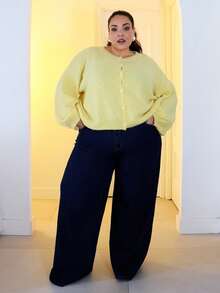 Pretty and Ole Cardigan basique jaune à col rond, ample et décontracté, grande taille - Jaune citron - Voir 1