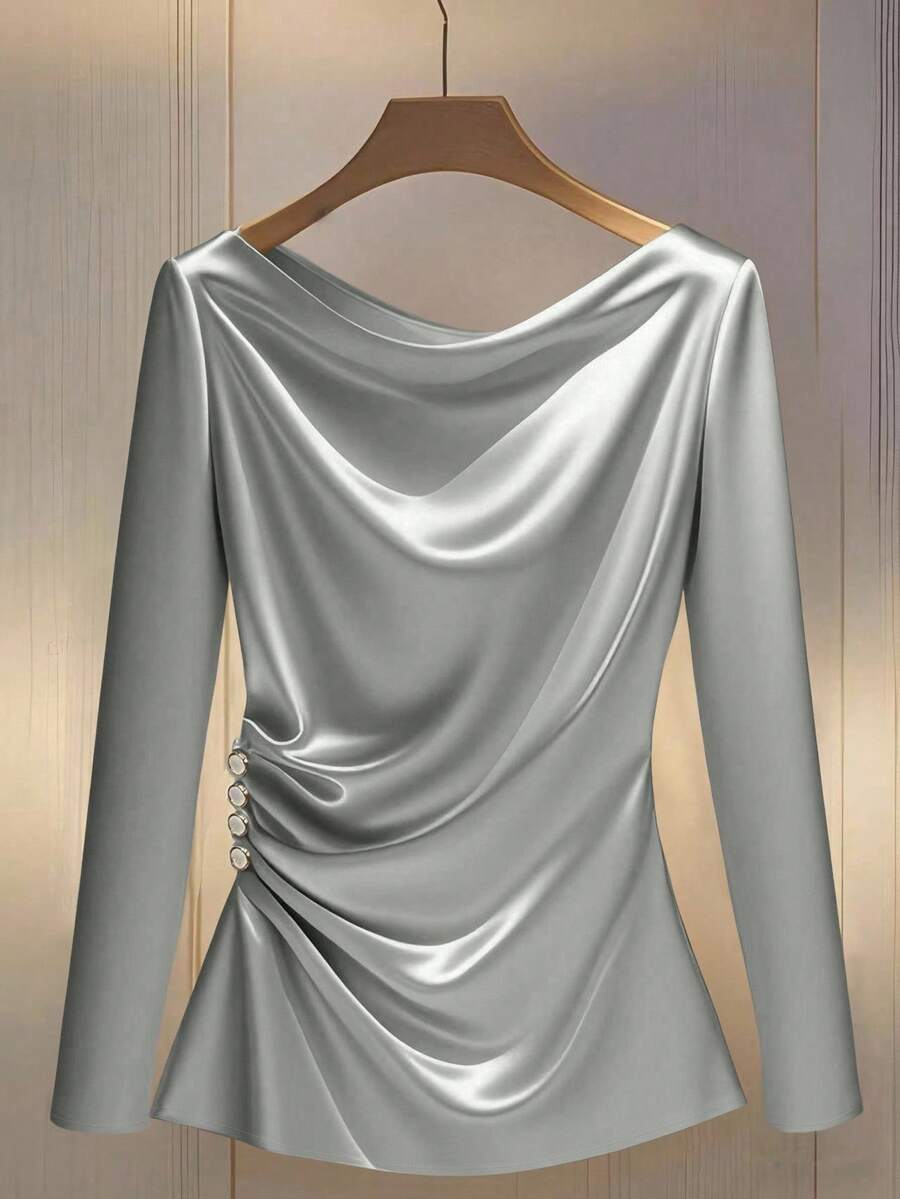 GlowEve CURVE Plus Size Women's Shiny Fabric Long Sleeve Shirt, Versatile For Commuting, Side Pleated Design With Buttons - Silver - View 1