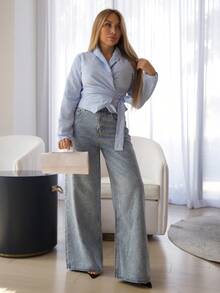 Cioccolato 休闲通勤条纹束腰裹腰衬衫 - 藍白色 - 查看 5