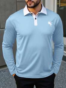 Manfinity Homme Camisa polo de manga larga con cuello de contraste y estampado de caballero, versátil y casual para hombres de talla grande, primavera/otoño - Celeste - Ver 3