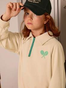 Joliand Joliand 1pc Tween Girls' Elegant College Style Casual Urban Tennis Racket Print Khaki Polo Collar Raglan Sleeve Sweatshirt, Suitable For Outings, Gatherings, Back To School, Summer And Autumn Back To School  School  Clothes School Supplies Kids Sport Clothes Kids Sweatshirt Preppy Clothes For Kids Long Sleeve Shirts Kids Collared Sweatshirt Kids Kids Tennis Sweatshirt Long Sleeve Collared Shirt Kids Kids Khaki Sweatshirt Preppy Kids Clothes,Fall,Old Money Winter - Khaki - View 4