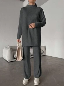 EURMUSE Của phụ nữ Đứng cổ áo Tay áo dài Áo len Và Đan Quần Bộ - Xám - Xem 5