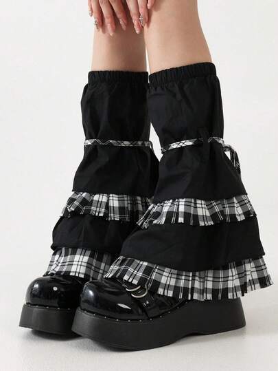 Goth 1 Pair Black Plaid Leg Warmers, Y2K Baddie Style, Versatile Vintage Subculture Lace-Up Leg Warmers Suitable For Daily Casual, School, Vacation, Halloween, Christmas And Other Occasions