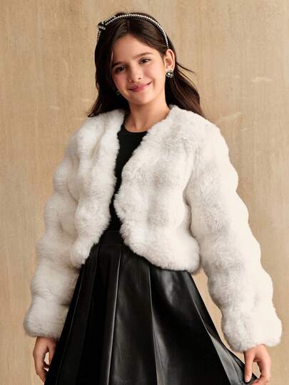 SHEIN Girls' Solid Color Short Plush Jacket, Suitable For Outings, Business, Casual, Elegant, White, Faux Fur, Long Sleeve