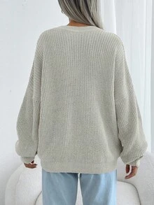EURMUSE Women Solid Color Round Neck Drop Shoulder Chunky Pullover - Cream - View 2