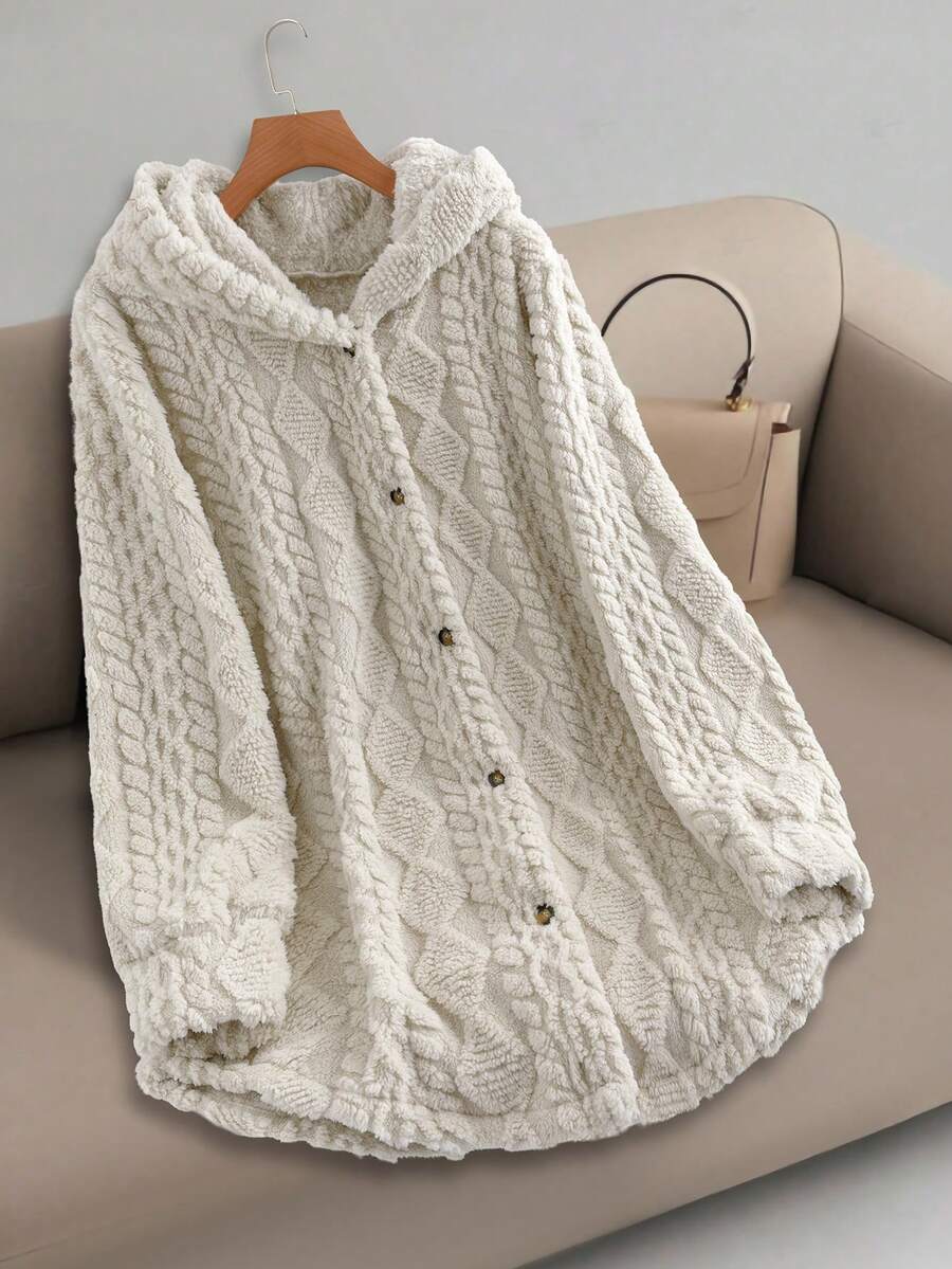 GlowEve CURVE 大码女式休闲纯色纹理羊毛连帽夹克，适合居家和户外，秋冬季 - 杏色 - 查看 1