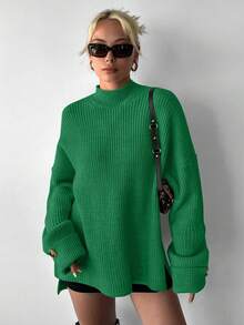 EURMUSE Mock Neck Drop Shoulder High Low Hem Sweater - Green - View 6