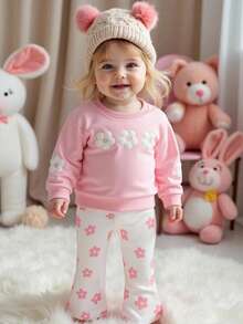 SHEIN Playful Pals 女婴秋冬新款荷叶边领长袖花卉贴花卫衣和罗纹花卉印花喇叭裤休闲运动套装 - 粉色 - 查看 3