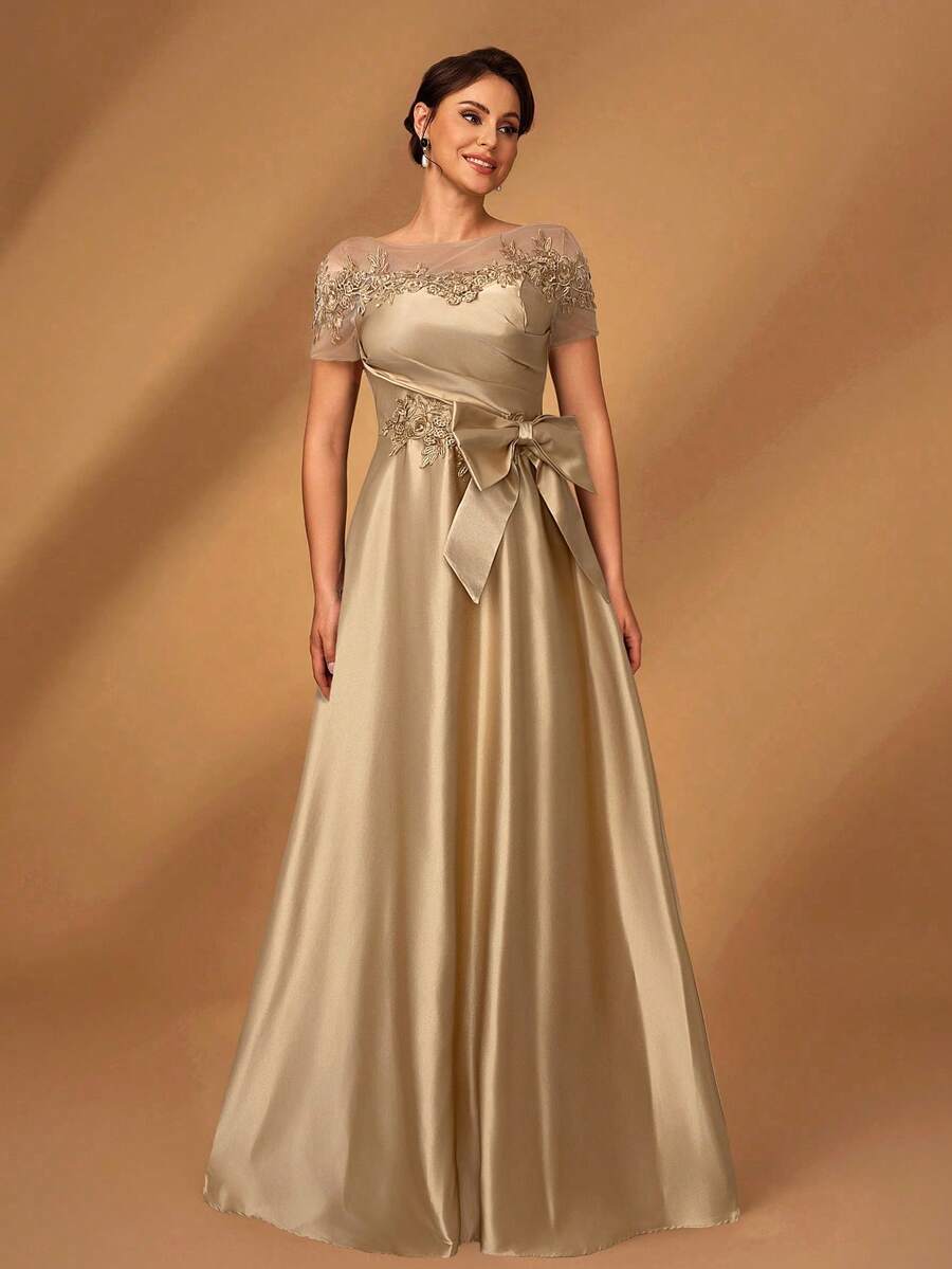 Serin Đầm ngắn tay dáng chữ A sang trọng, lãng mạn, phối lưới, satin, xếp ly, đính hạt cườm, có nơ, thích hợp cho tiệc tối, hẹn hò, du lịch, dạ hội, đám cưới, váy cho mẹ cô dâu, ngày Valentine. - Màu be - Xem 1