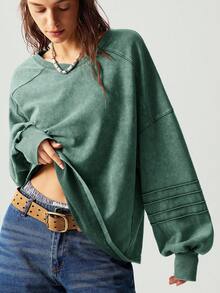 Bohemela Plusstorlek Enfärgad Rund Halsad Avslappnad Pullovertröja - Olivgrön - Visa 2