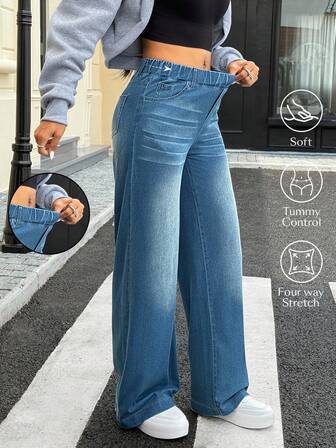 Flexra Jeans casuales holgados de pierna ancha con cintura elástica y bolsillos para mujer