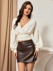 Lyxana Blouse élégante à manches longues pour femmes, col V croisé, froncée, de couleur unie - Nude - Voir 3